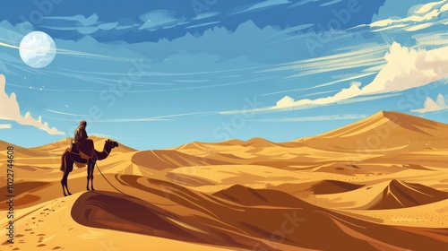 A panoramic view of a desert landscape, with a nomad riding a camel across the dunes