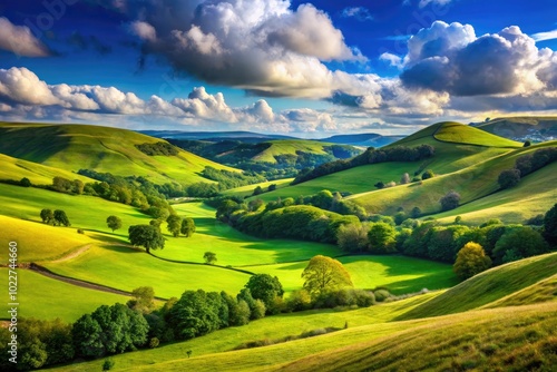 Serene Landscape with a Majestic Gap Between Rolling Green Hills Under a Bright Blue Sky