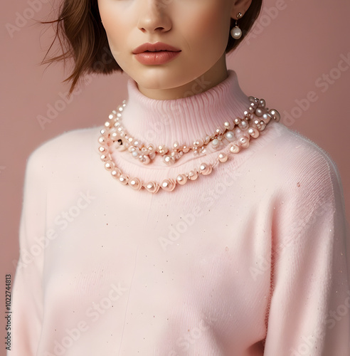 A woman wears a pink sweater and accessorizes with a pearl necklace and pearl earrings. photo