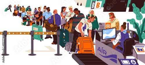 People are in queue at the airport. Passengers standing in line to gate, registration counter, check luggage. Crowd waiting boarding to airplane for travel. Flat isolated vector illustration on white