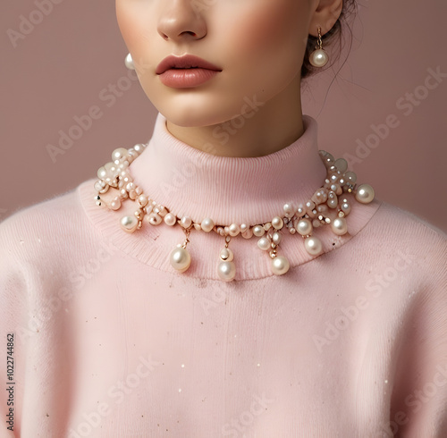 A woman wears a pink sweater and accessorizes with a pearl necklace and pearl earrings. photo