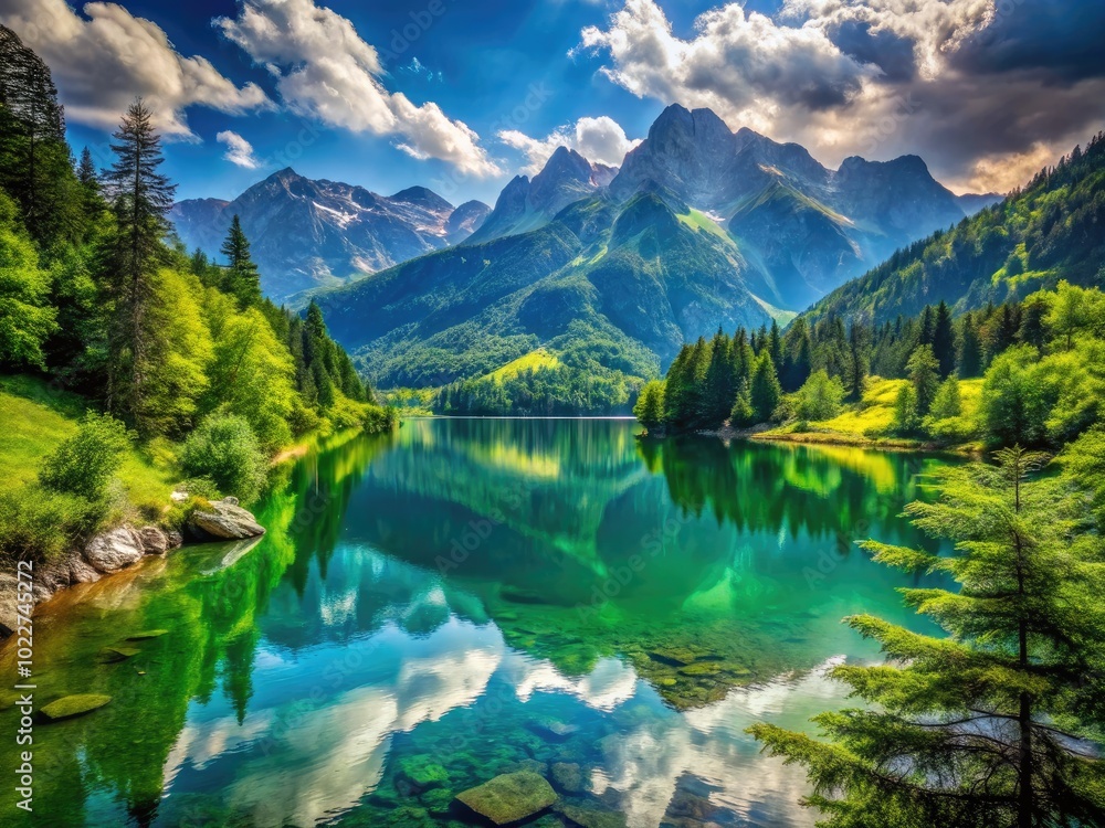 Obraz premium Serene Landscape with Majestic Mountains, Lush Greenery and a Calm Lake Under a Clear Blue Sky