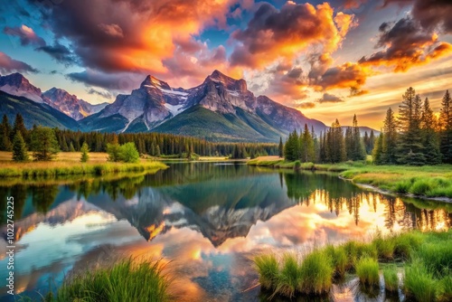 Serene Landscape with Majestic Mountains and Vibrant Sky Evoking a Sense of Peace and Spirituality