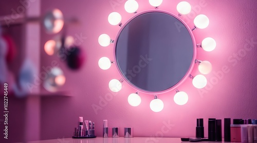 A pink makeup mirror with light bulbs, hanging on a wall.