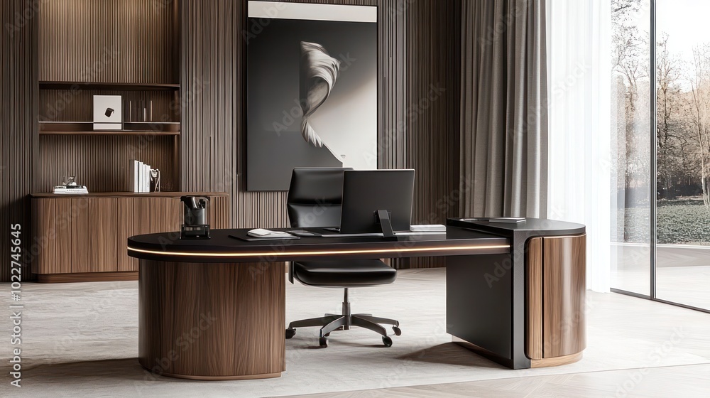 Minimalist home offices illustrated with luxury materials and ergonomic furniture, blending elegance with functionality, illustrations