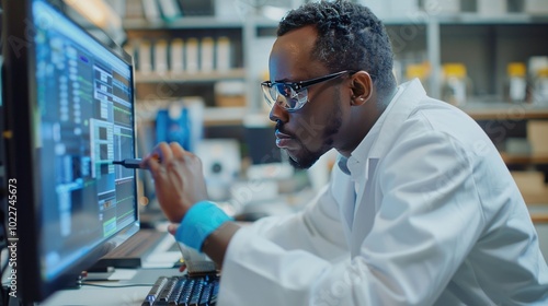 A technician troubleshooting a computer, looking at diagnostic software on the monitor. The atmosphere is focused, showcasing the process of identifying hardware issues. photo