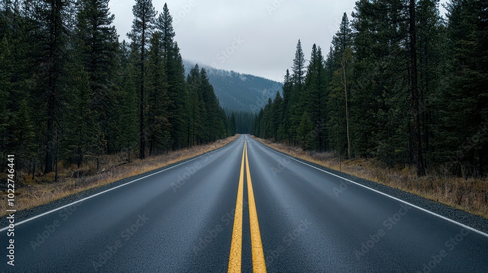 A winding asphalt road through a dense coniferous forest, with a misty backdrop. A winding asphalt road through a dense coniferous forest, with a misty backdrop.