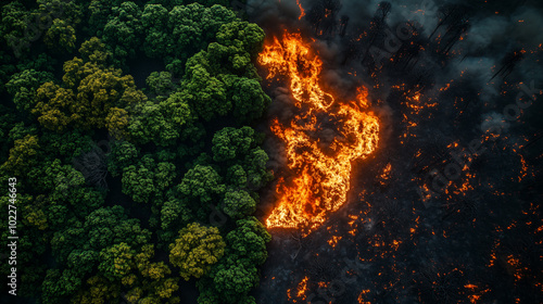 Fototapeta Naklejka Na Ścianę i Meble -  Aerial view of a forest half on fire. Deforestation