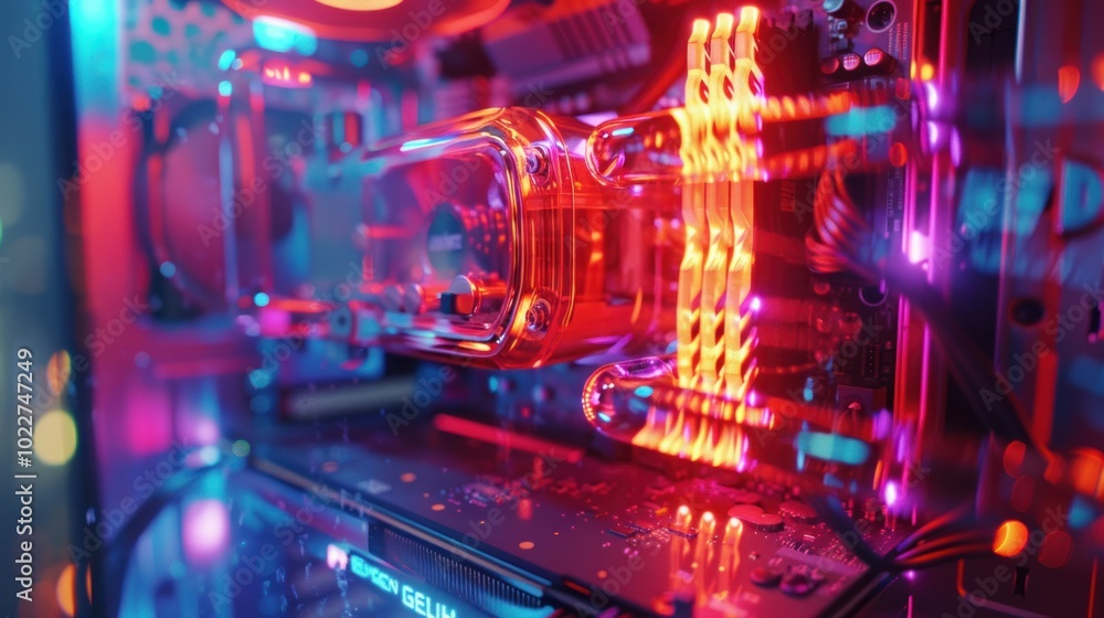 Close-up of a gaming computer desktop with RGB lighting, showing the intricate internal components through a clear case. The bright colors create a lively atmosphere. Close-up of a gaming computer desktop with RGB lighting, showing the intricate internal components through a clear case. The bright colors create a lively atmosphere.