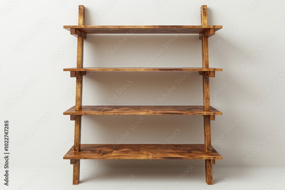 Wooden shelving unit with four open shelves against a white wall Wooden shelving unit with four open shelves against a white wall