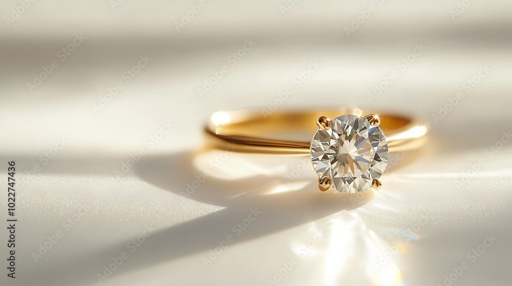 A sparkling diamond ring, crafted in 24-karat gold, set against a clean white backdrop. A sparkling diamond ring, crafted in 24-karat gold, set against a clean white backdrop.