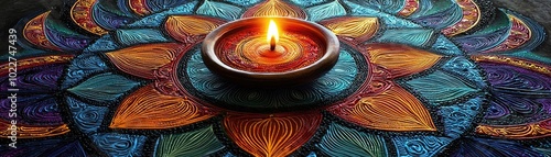 A vibrant decorative mandala with a central diya candle illuminating colorful patterns, symbolizing light and harmony. photo