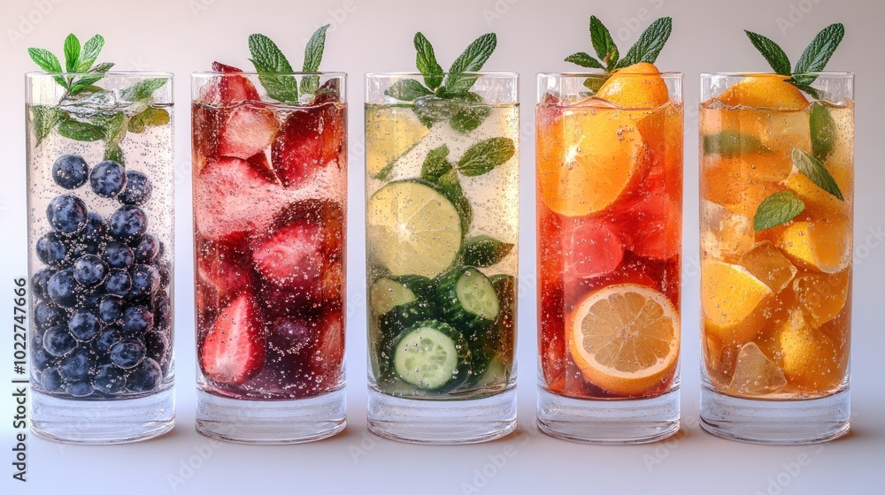 A colorful display of refreshing fruit-infused drinks in glasses. A colorful display of refreshing fruit-infused drinks in glasses.