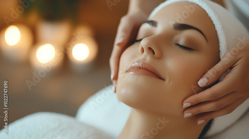 A serene woman enjoying a relaxing facial massage in a spa environment, surrounded by warm candlelight, promoting wellness and tranquility.