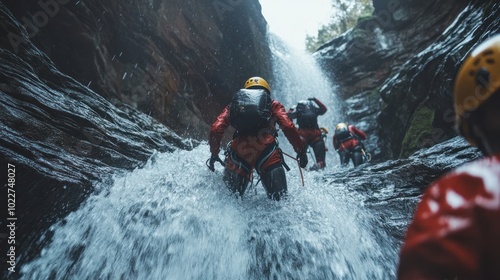 Canyoneers rappelling down waterfalls and scrambling through rocky canyons in a high-energy canyoning adventure photo