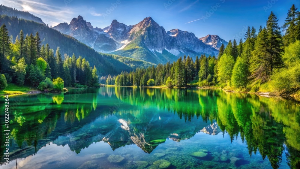 Serene Mountain Landscape with Lush Green Forest and Clear Blue Sky Reflecting in Tranquil Lake Serene Mountain Landscape with Lush Green Forest and Clear Blue Sky Reflecting in Tranquil Lake