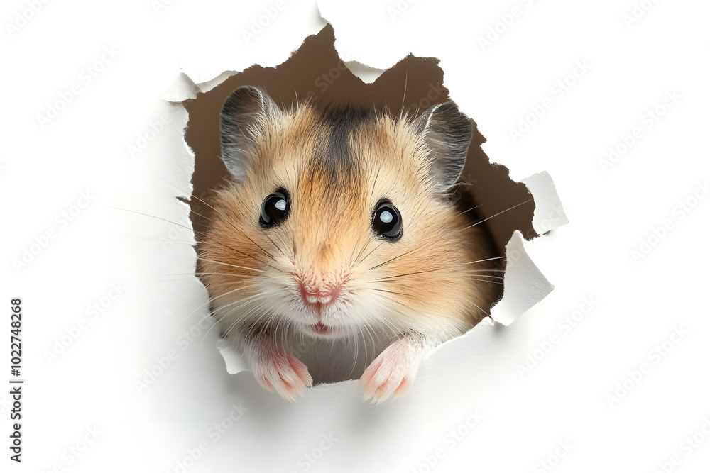 A cute hamster looking through hole torn paper isolated on white background A cute hamster looking through hole torn paper isolated on white background