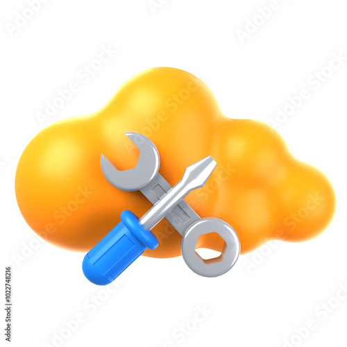 A 3D rendering of a yellow cloud with a screwdriver and wrench, representing cloud maintenance and upkeep. 3d illustration of Cloud Configuration