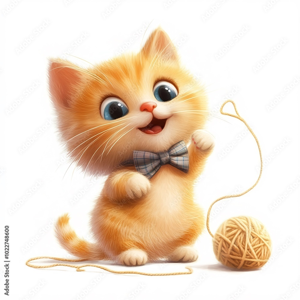 A cartoon cat wearing a bowtie and playing with a ball of yarn, on a white background A cartoon cat wearing a bowtie and playing with a ball of yarn, on a white background