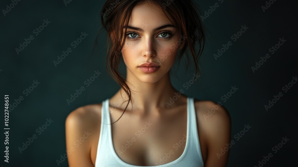 Beautiful woman in white T-shirt Female breast dark background Beautiful woman in white T-shirt Female breast dark background