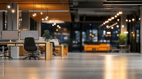 Wallpaper Mural Modern open-plan office interior with wooden desks, ergonomic chairs, computer monitors, hanging pendant lights, and plants for decoration, creating a warm atmosphere. Torontodigital.ca