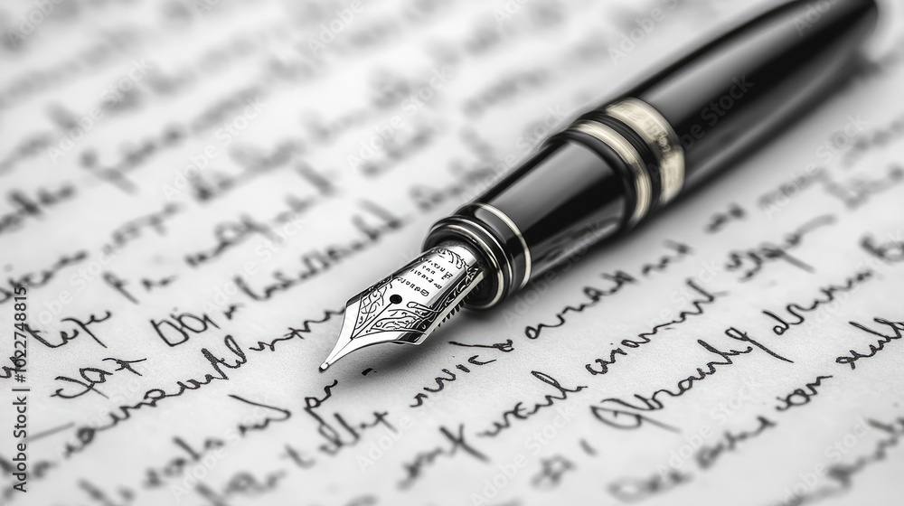 Black-and-white close-up of an antique fountain pen lying on a sheet of handwritten letters, with fine details in the nib and ink strokes. Black-and-white close-up of an antique fountain pen lying on a sheet of handwritten letters, with fine details in the nib and ink strokes.
