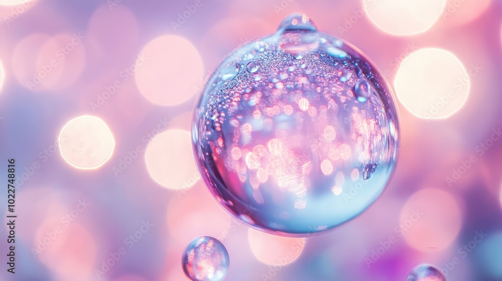 A minimalist close-up of water drops on a transparent glass sphere, reflecting soft, colorful light from the surroundings A minimalist close-up of water drops on a transparent glass sphere, reflecting soft, colorful light from the surroundings