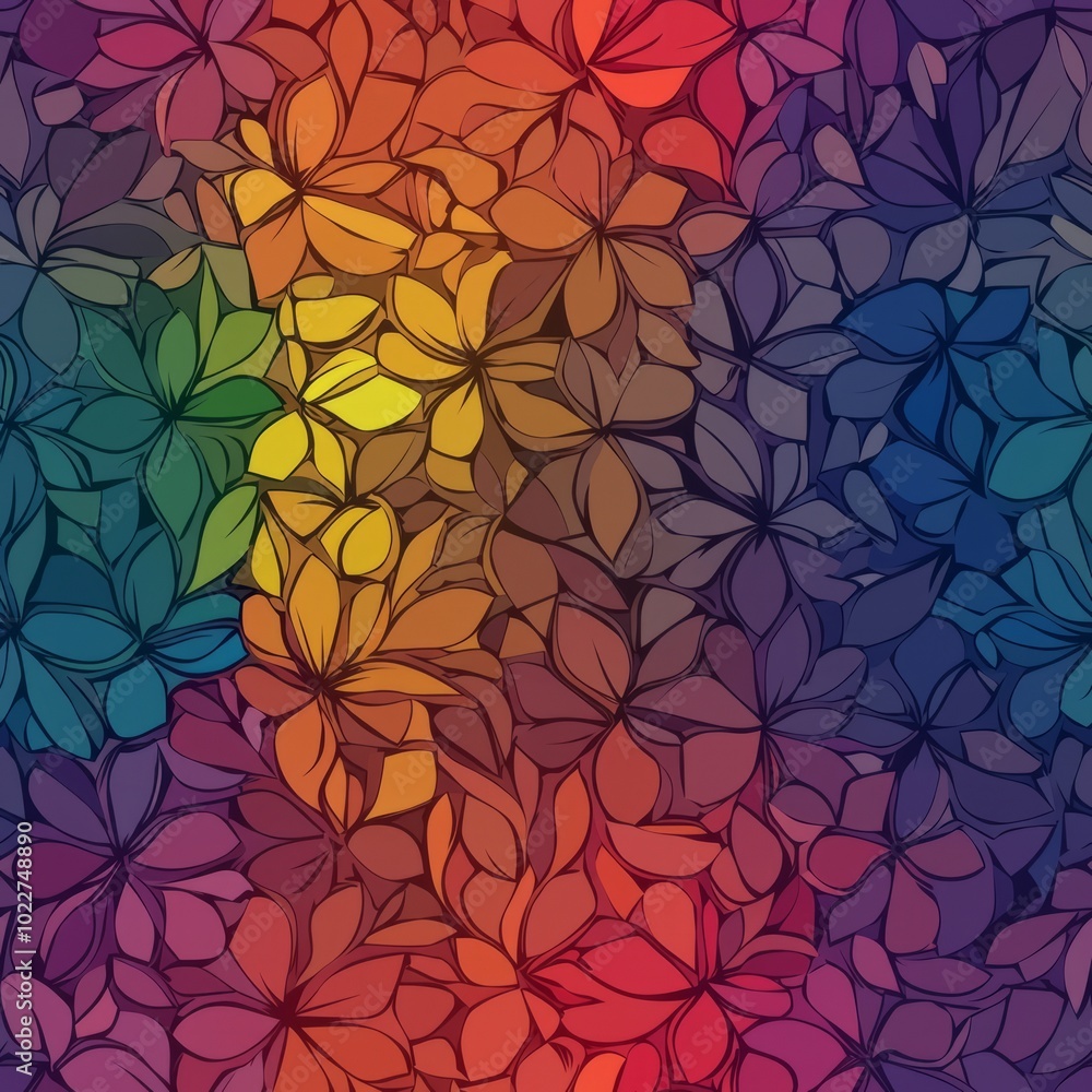 seamless pattern of geometric fractal flowers blooming in a rainbow palette