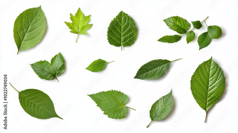 A beautiful set of fresh green leaves from various plants, elegantly isolated on a white background. A beautiful set of fresh green leaves from various plants, elegantly isolated on a white background.