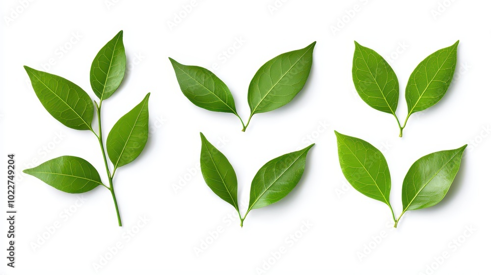 A beautiful set of fresh green leaves from various plants, elegantly isolated on a white background. A beautiful set of fresh green leaves from various plants, elegantly isolated on a white background.
