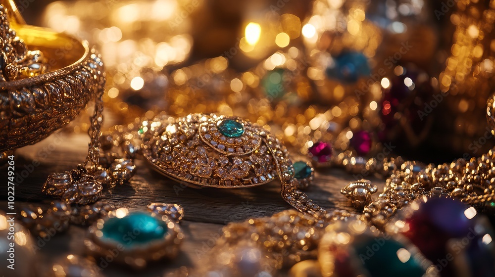 A table sparkles with gleaming gold jewelry and colorful gemstones. It's a scene of wealth and treasure. A table sparkles with gleaming gold jewelry and colorful gemstones. It's a scene of wealth and treasure.