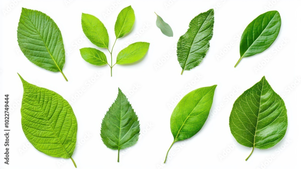 A beautiful set of fresh green leaves from various plants, elegantly isolated on a white background. A beautiful set of fresh green leaves from various plants, elegantly isolated on a white background.