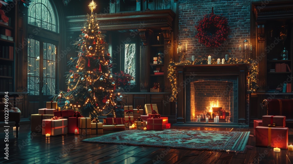 Gifts wrapped in festive paper under a Christmas tree by a glowing brick fireplace Gifts wrapped in festive paper under a Christmas tree by a glowing brick fireplace