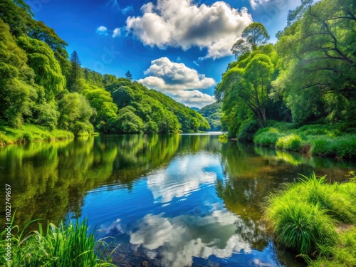 Serene Nature Scene of a River Bank Surrounded by Lush Greenery and Calm Waters on a Bright Day