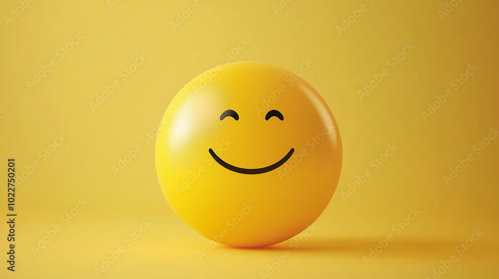 Fototapeta premium Smile face emoji ball on yellow background. Joy, emotion and peaceful concept.