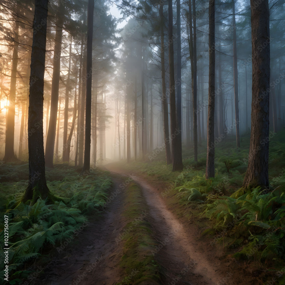Obraz premium Foggy Forest Path at Dawn