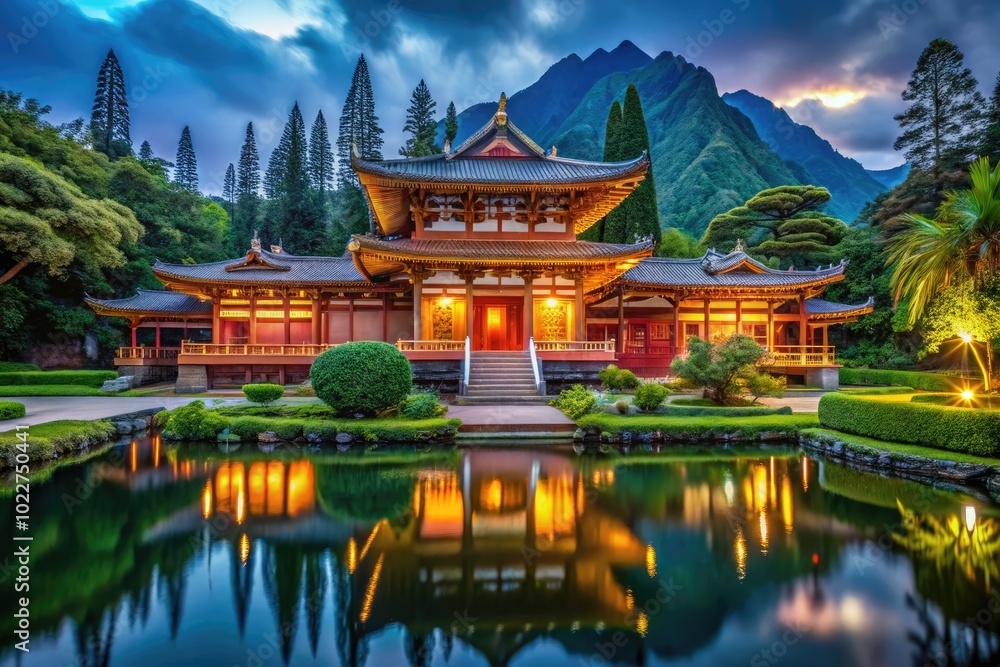 Serene Oahu Temple Surrounded by Lush Tropical Landscape and Clear Blue Skies in Hawaii's Paradise Serene Oahu Temple Surrounded by Lush Tropical Landscape and Clear Blue Skies in Hawaii's Paradise