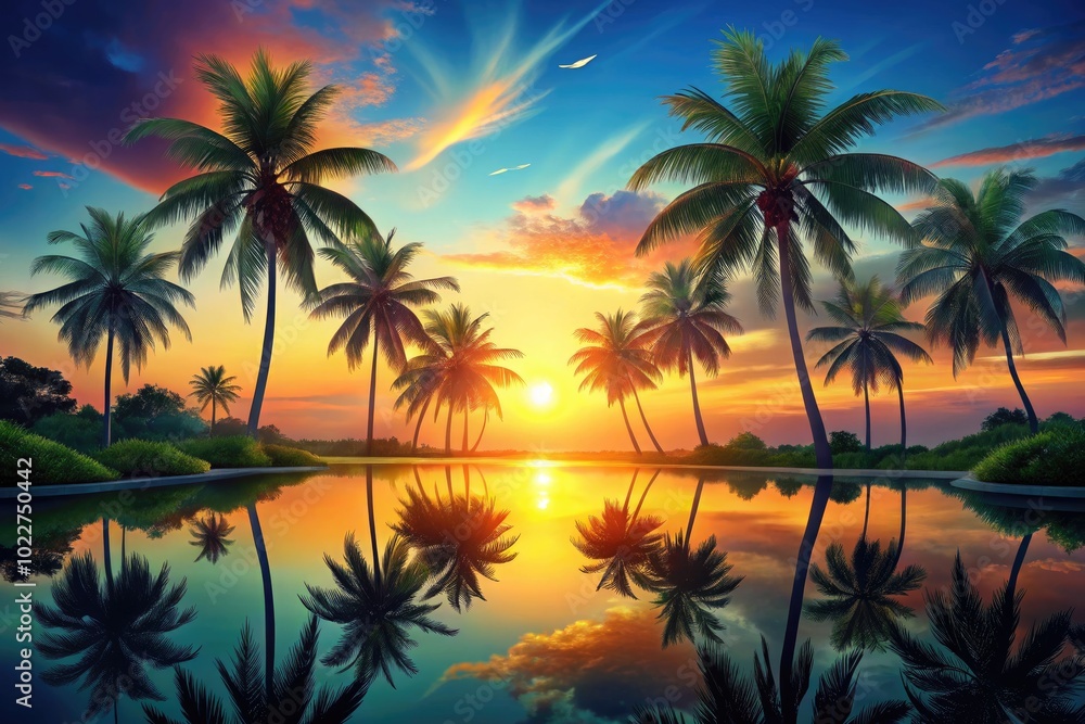 Serene Oasis Vector Illustration with Palm Trees, Water, and Sunsets for Relaxation and Tranquility Serene Oasis Vector Illustration with Palm Trees, Water, and Sunsets for Relaxation and Tranquility