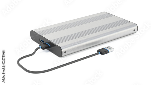 External storage unit with USB cable isolated on white background. 3D illustration