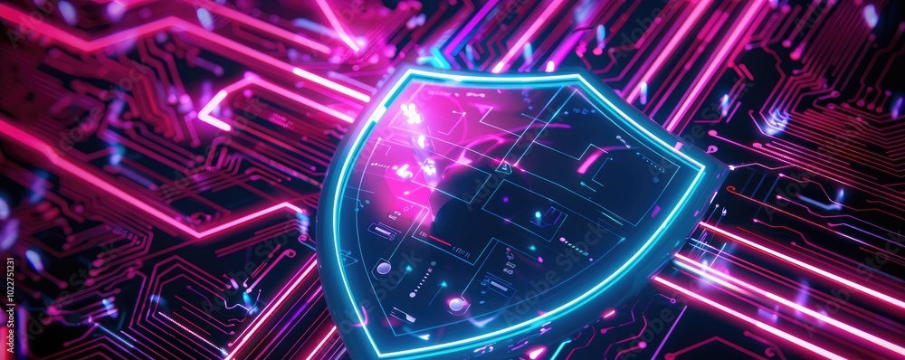 A Futuristic Neon Shield Over a Circuit Board A Futuristic Neon Shield Over a Circuit Board