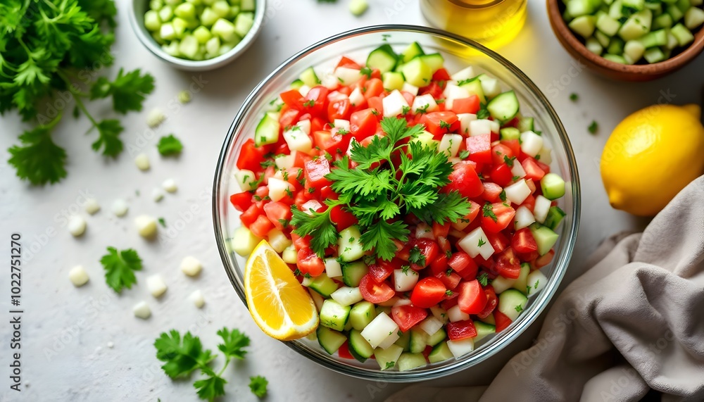 Fresh Israeli Salad with Tomatoes, Cucumbers, and Parsley (Jewish Cuisine) Fresh Israeli Salad with Tomatoes, Cucumbers, and Parsley (Jewish Cuisine)