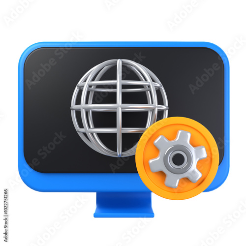 A 3D rendering of a monitor with a globe and gear, symbolizing website maintenance and optimization. 3d illustration of Network Setting