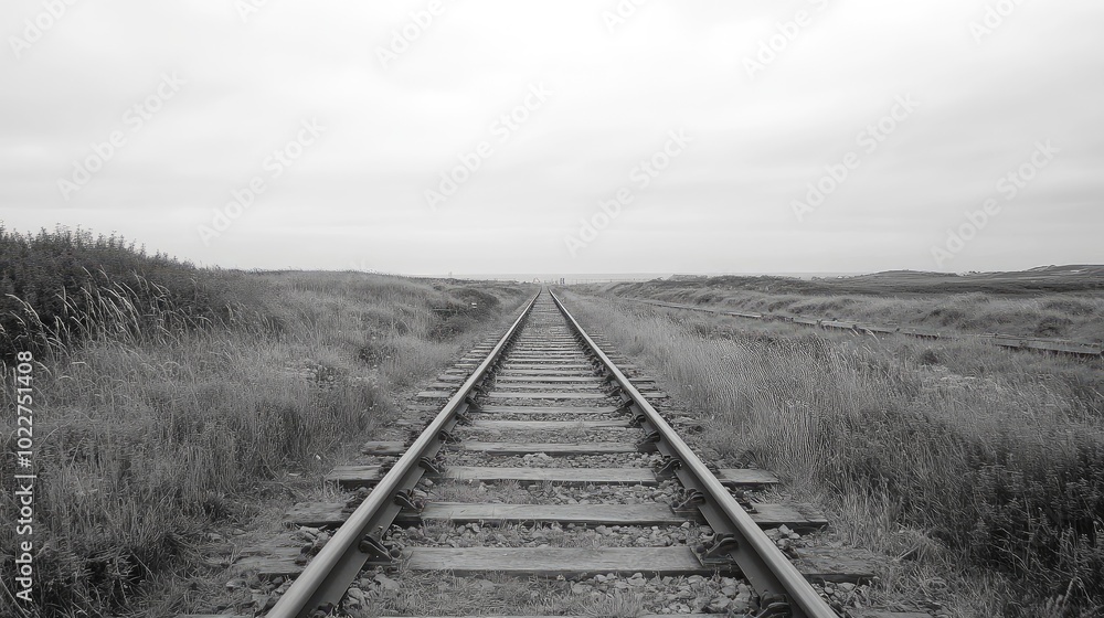 Black-and-white photo of an empty railway track stretching into the distance, with overgrown grass and weeds on both sides. Black-and-white photo of an empty railway track stretching into the distance, with overgrown grass and weeds on both sides.