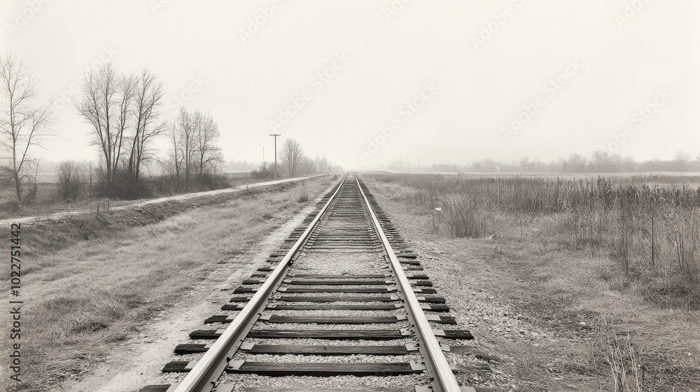Black-and-white photo of an empty railway track stretching into the distance, with overgrown grass and weeds on both sides. Black-and-white photo of an empty railway track stretching into the distance, with overgrown grass and weeds on both sides.