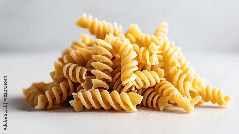 Close-up of uncooked fusilli pasta spirals stacked on a white surface with a soft focus background. Close-up of uncooked fusilli pasta spirals stacked on a white surface with a soft focus background.
