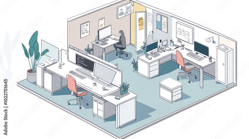 Space-efficient offices illustrated with modular designs that adapt to the needs of employees, optimizing space and productivity, illustrations Space-efficient offices illustrated with modular designs that adapt to the needs of employees, optimizing space and productivity, illustrations