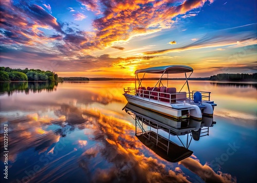 Serene Pontoon Boat on Calm Water at Sunset with Reflective Sky and Natural Surroundings photo