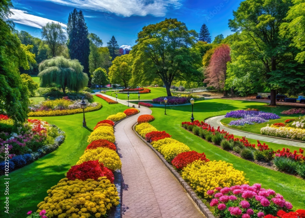 Fototapeta premium Serene Public Park Scene with Lush Greenery, Colorful Flowers, and Inviting Walking Paths for Relaxation