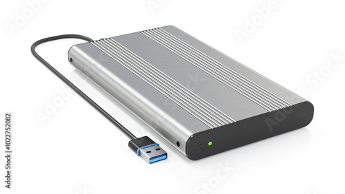 External storage unit with USB cable isolated on white background. 3D illustration