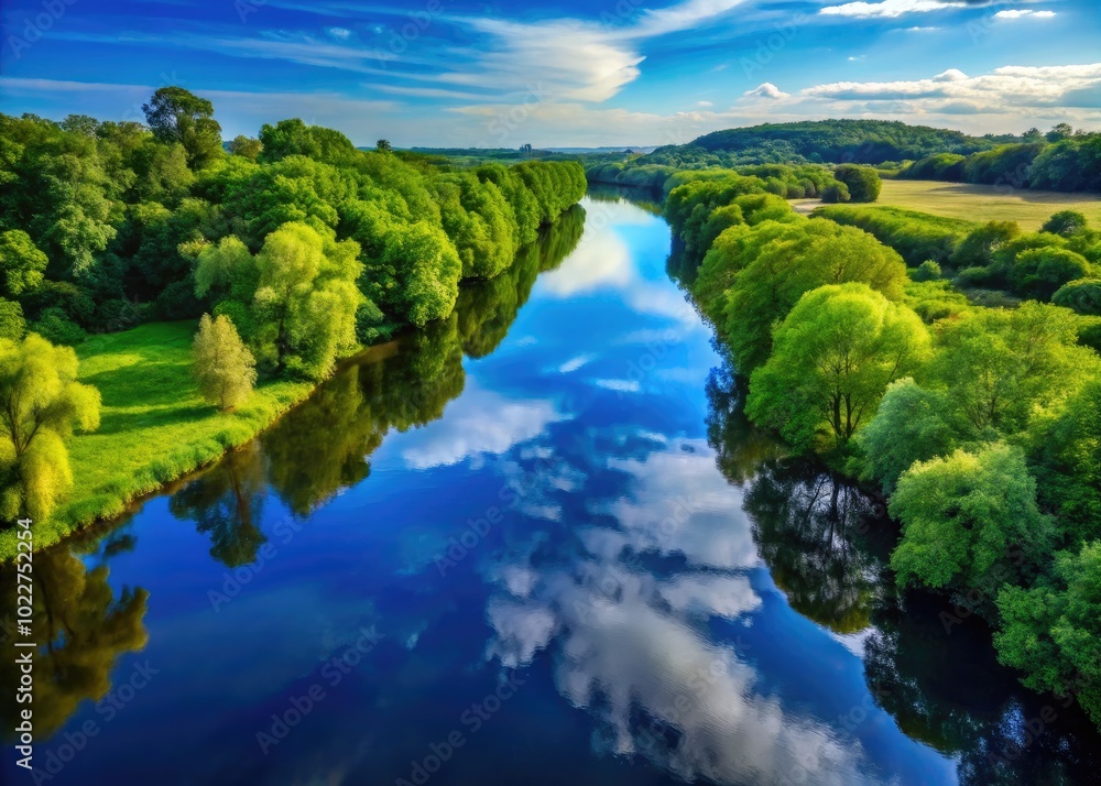 Serene River Bank Surrounded by Lush Greenery and Tranquil Waters Reflecting the Clear Sky Serene River Bank Surrounded by Lush Greenery and Tranquil Waters Reflecting the Clear Sky